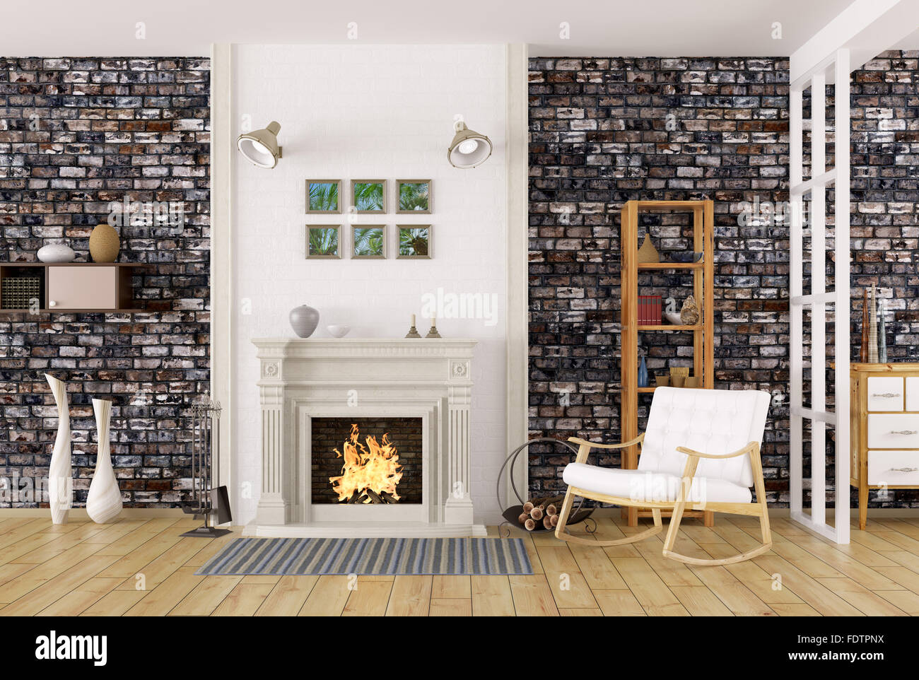 Cozy interior of living room with fireplace, rocking chair, brick wall