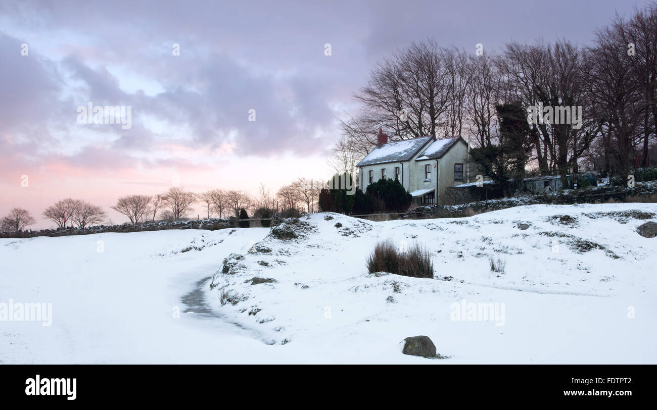 A cottage in the snow high up on Dartmoor at sunrise, Dartmoor national park Devon Uk Stock Photo