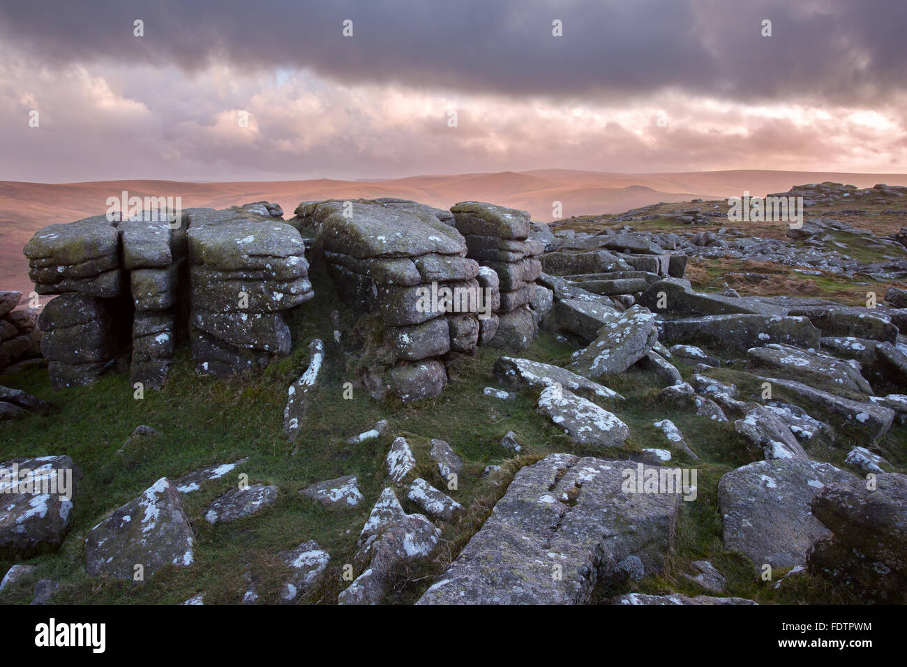 Stormy skies at Belstone Tor Dartmoor national park Devon Uk Stock Photo