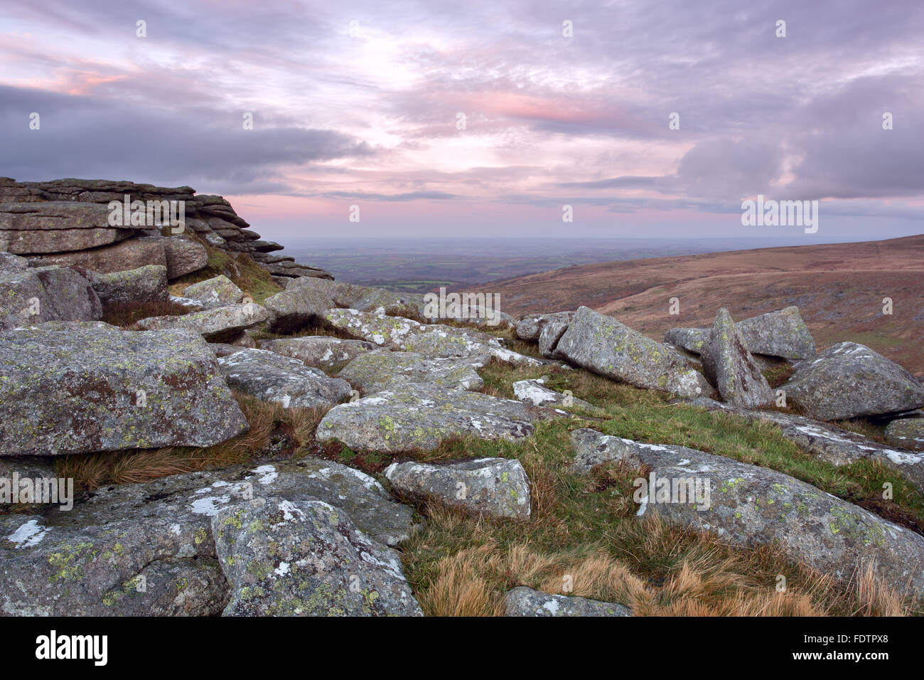 Sunset from Belstone Tor Dartmoor National Park Devon Uk Stock Photo