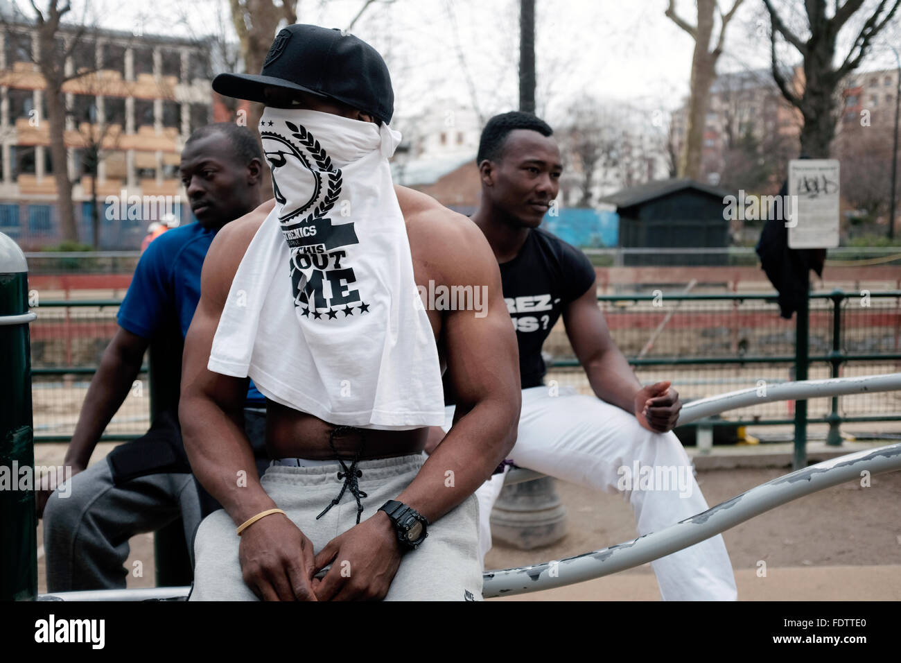 Bodybuilders beside Canal Saint-Martin,  Paris France. Stock Photo