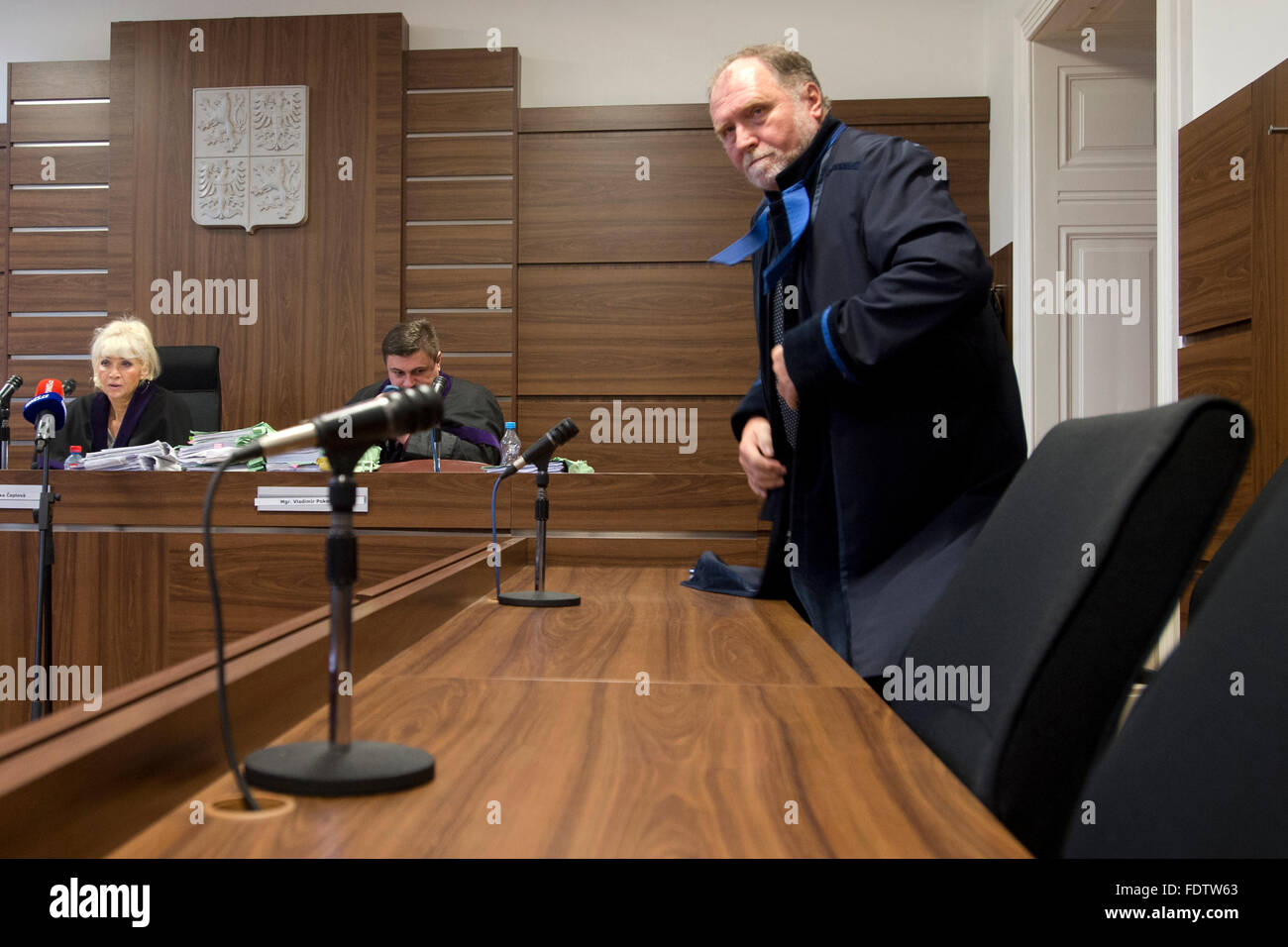 Czech lobbyist Marek Dalik (on the photo Tomas Sokol, lawyer of suspect Dalik) was sentenced to five years in prison and a five-million-crown penalty for corruption accompanying the purchase of the Pandur armoured personnel carriers (APCs) for the Czech military, the Prague Municipal Court ruled today, on Tuesday, February 2, 2016. The verdict can be appealed. Dalik pleads not guilty. The police investigated Dalik, adviser to former prime minister Mirek Topolanek (Civic Democrats, ODS), based on the testimony of Stephan Szcuecs, former employee of the Austrian Steyr firm, who said Dalik demand Stock Photo