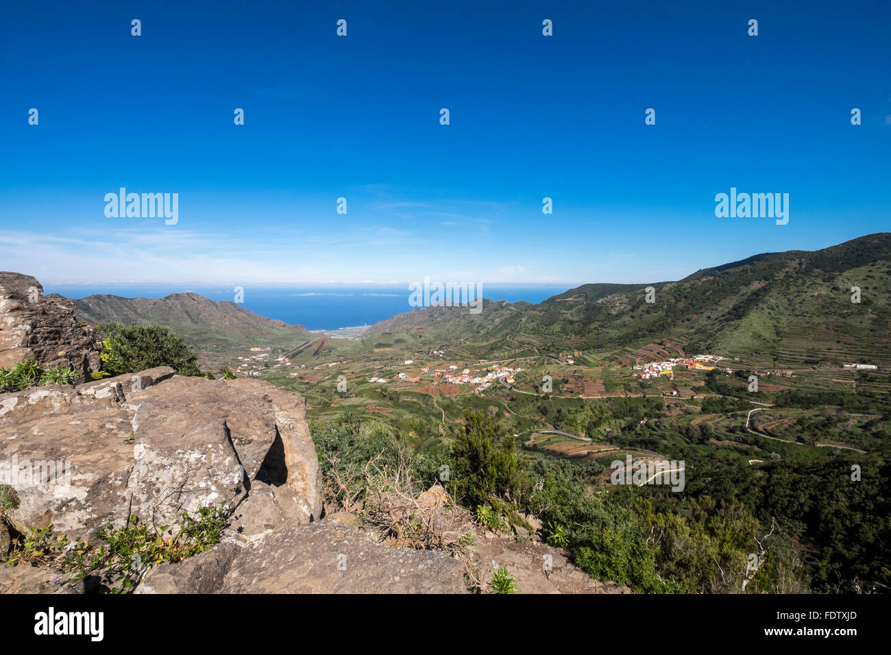Views over the valley of Palmar in Buenavista del Norte from a walking trail on the ridge. Tenerife, canary Islands, Spain. Stock Photo
