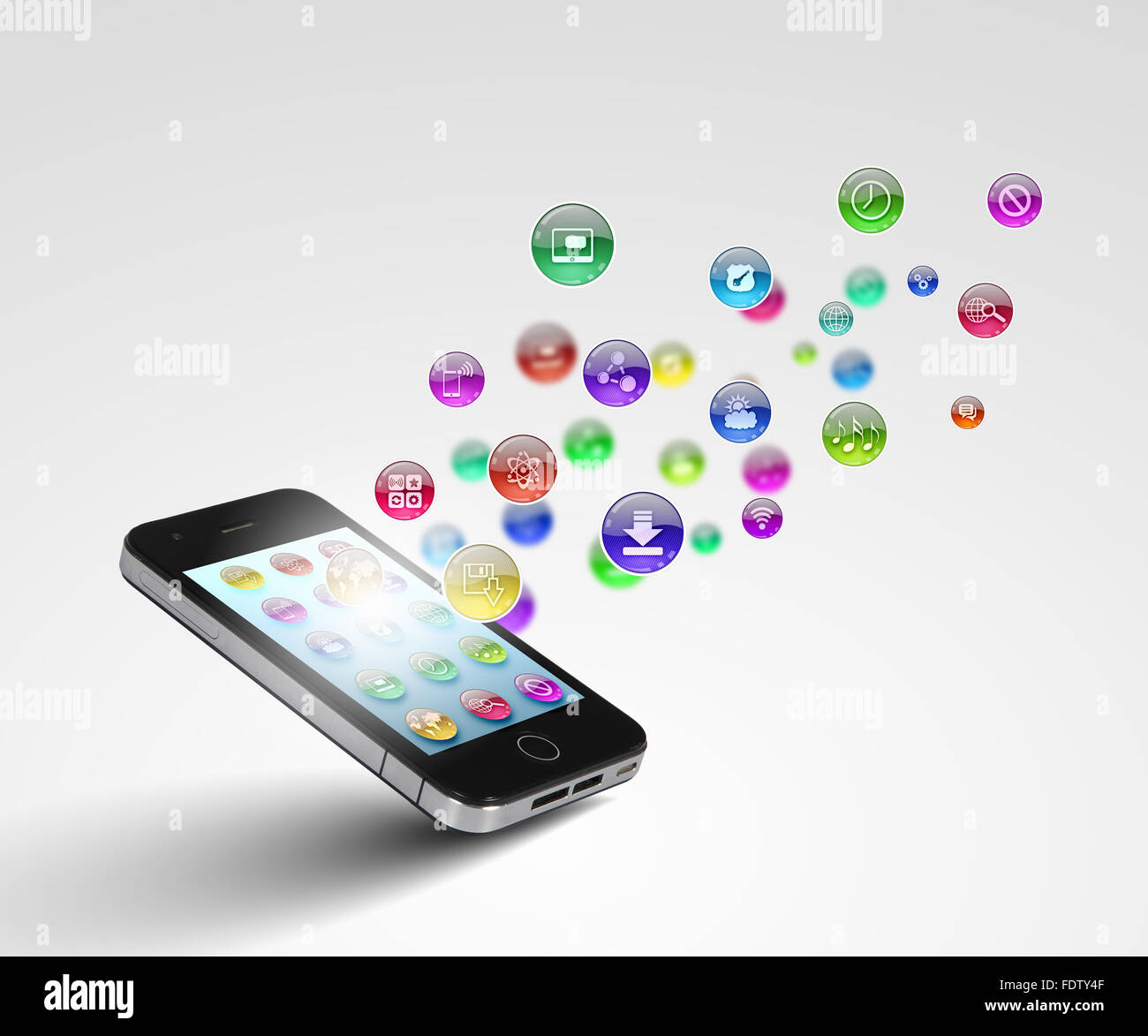 Media technology illustration with mobile phone and icons Stock Photo ...