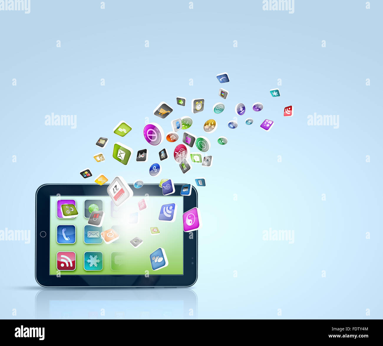 Media technology illustration with mobile phone and icons Stock Photo ...