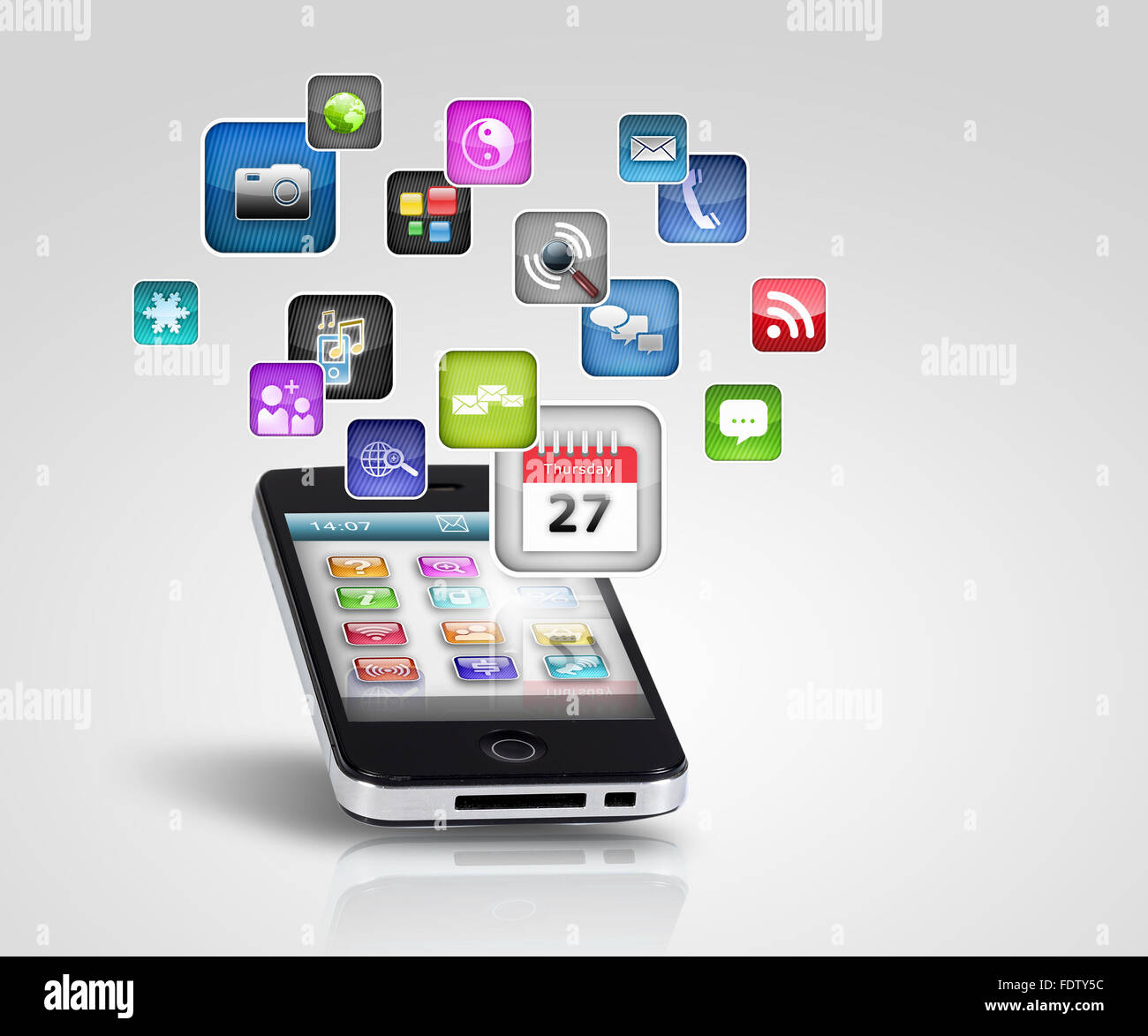Media technology illustration with mobile phone and icons Stock Photo ...