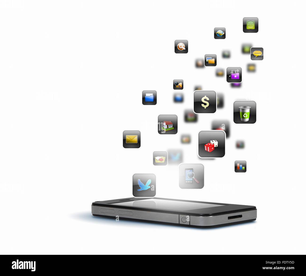 Media technology illustration with mobile phone and icons Stock Photo ...