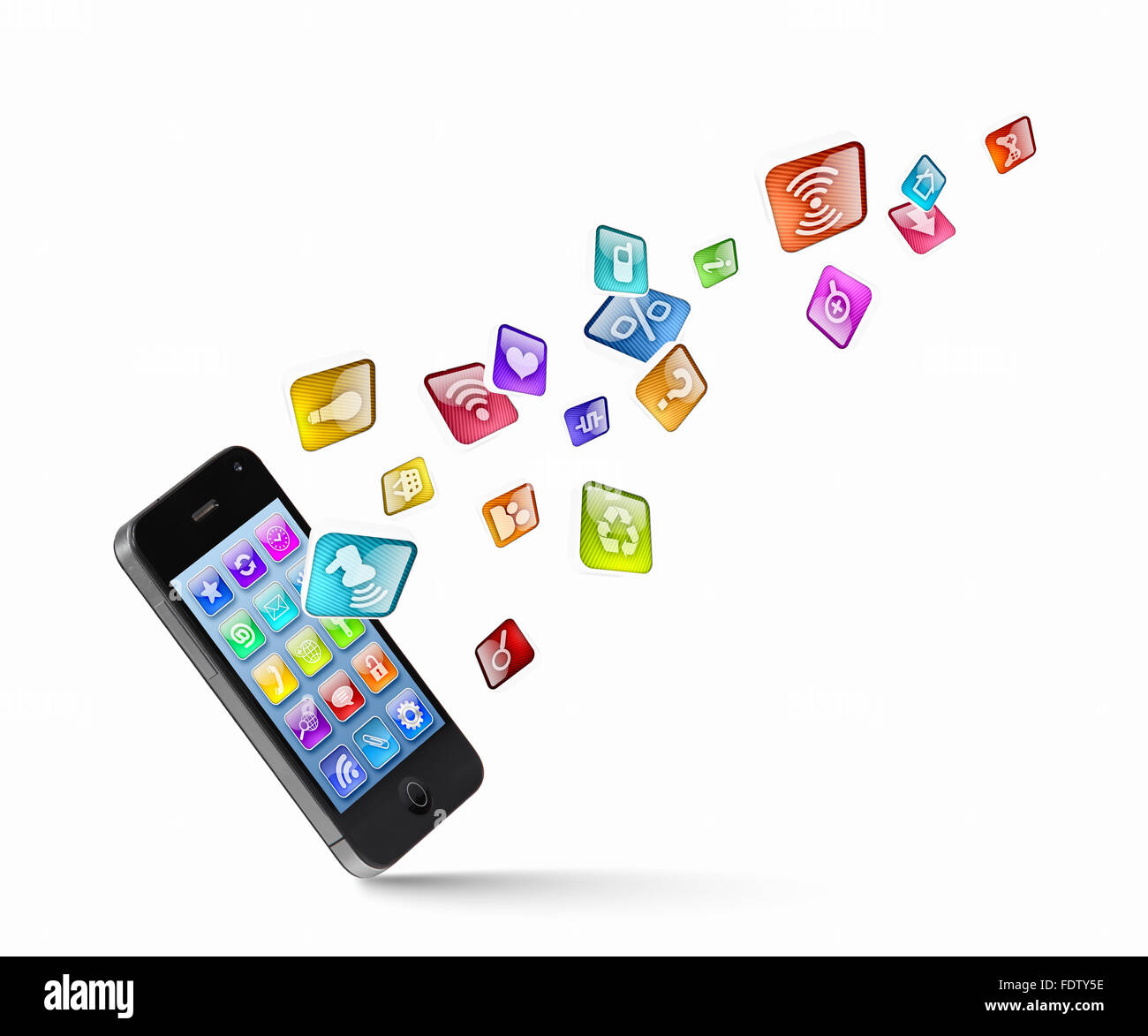 Media technology illustration with mobile phone and icons Stock Photo ...