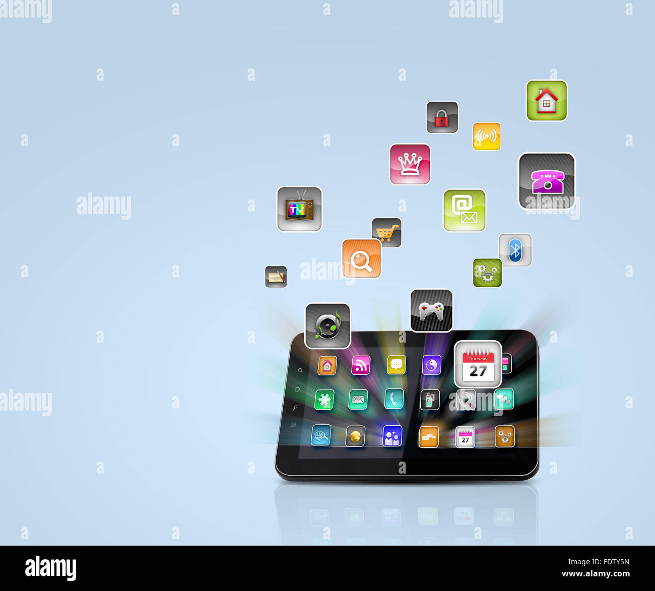 Media technology illustration with mobile phone and icons Stock Photo ...
