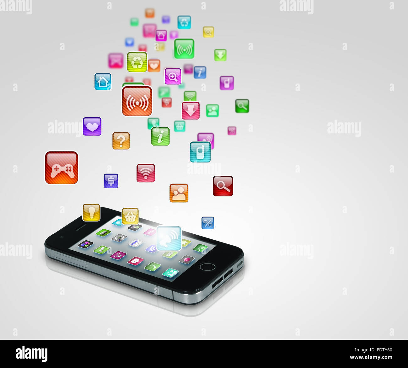 Media technology illustration with mobile phone and icons Stock Photo ...