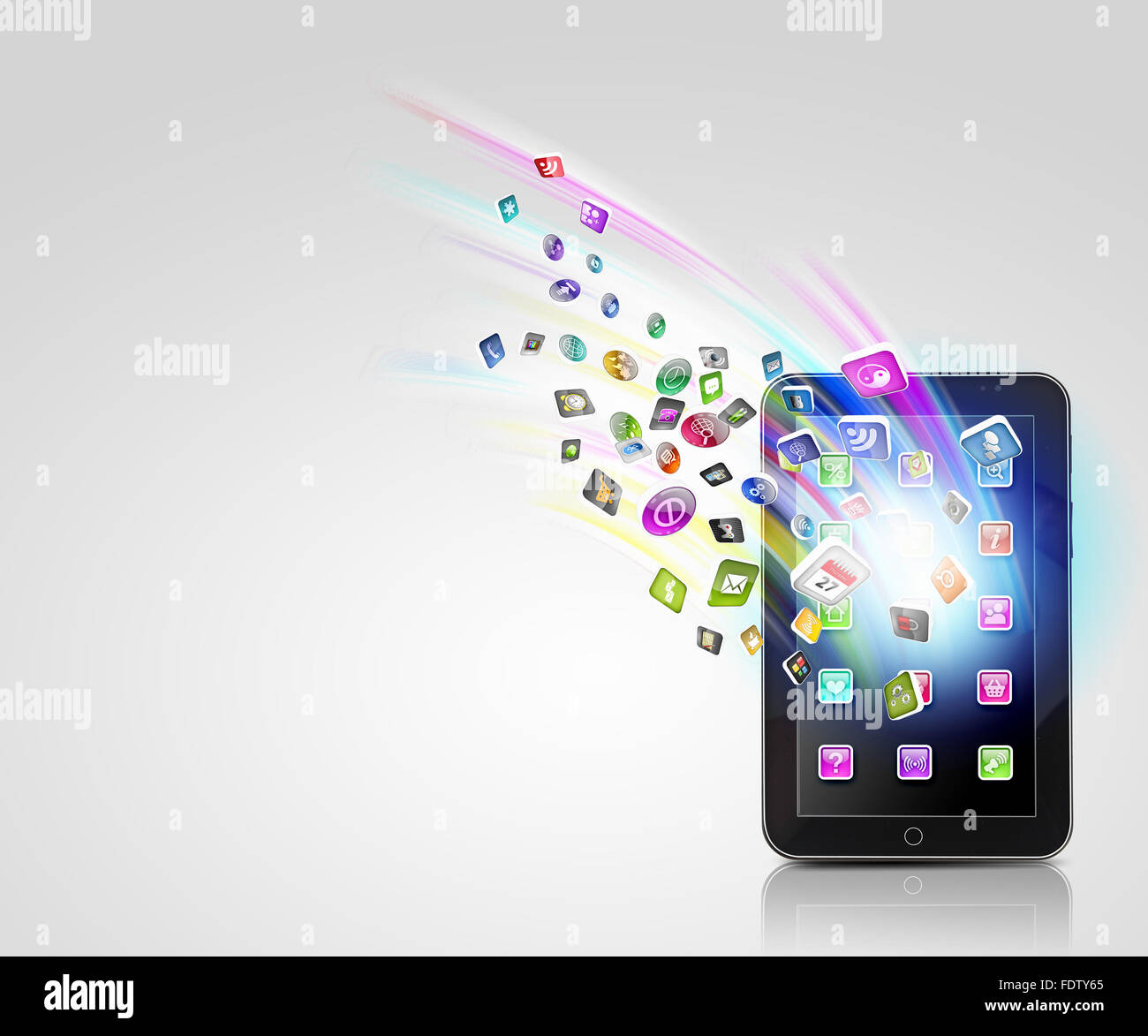 Media technology illustration with mobile phone and icons Stock Photo ...