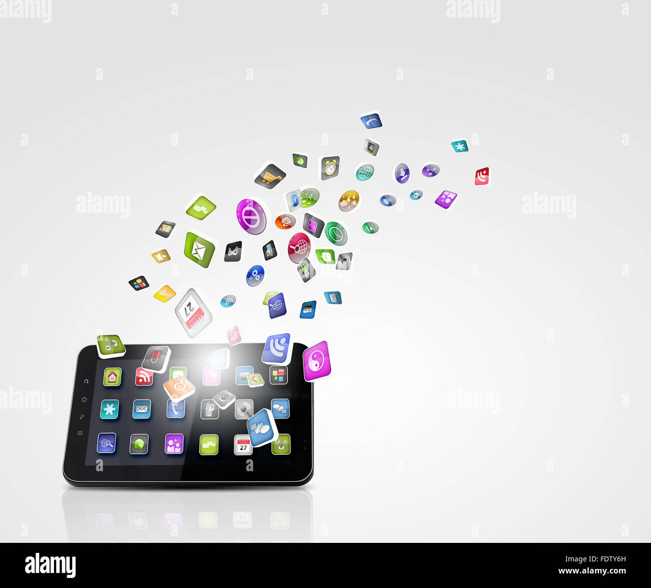 Media technology illustration with mobile phone and icons Stock Photo ...