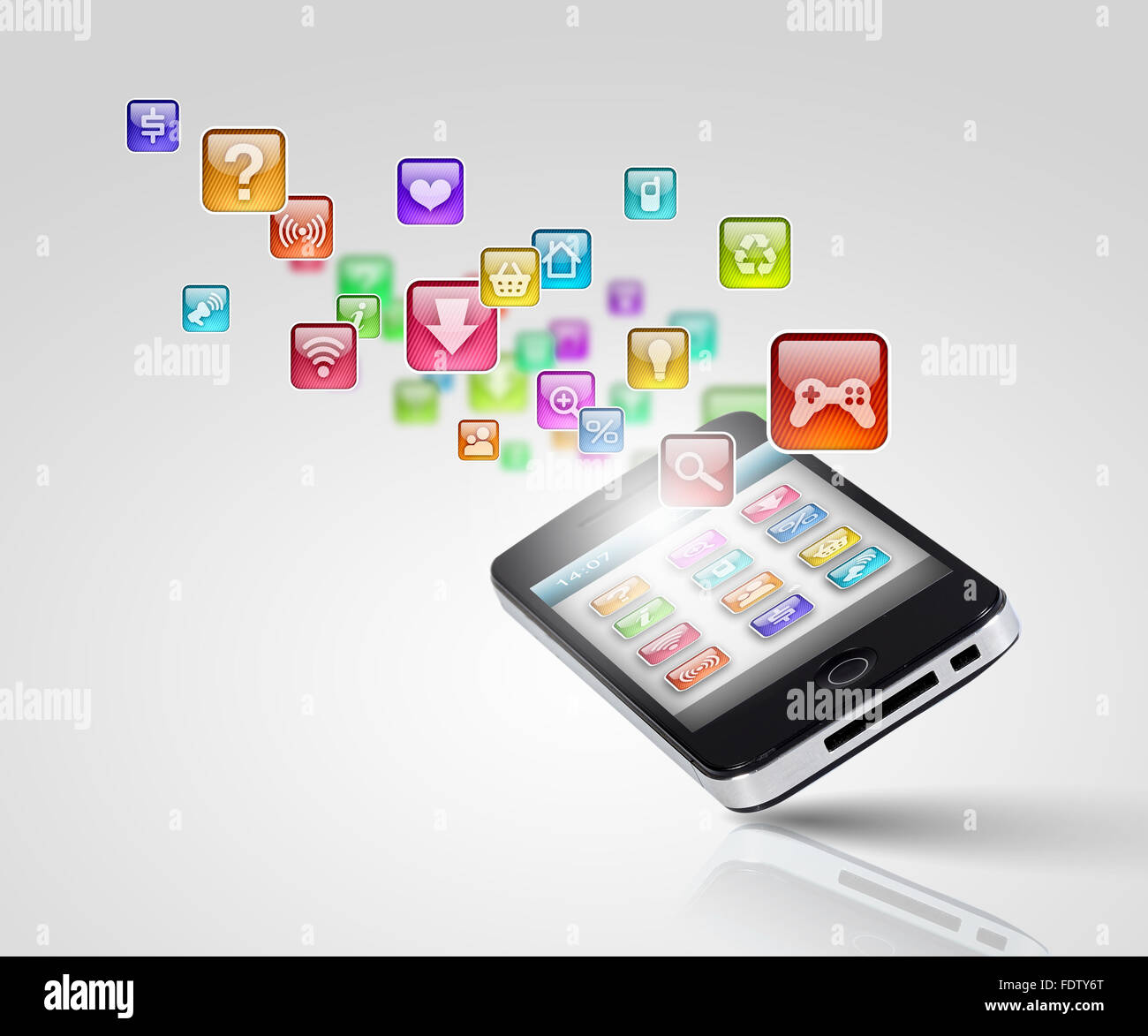 Media technology illustration with mobile phone and icons Stock Photo ...