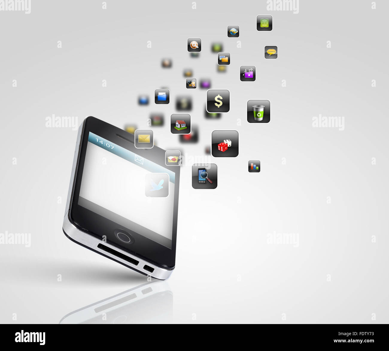 Media technology illustration with mobile phone and icons Stock Photo ...