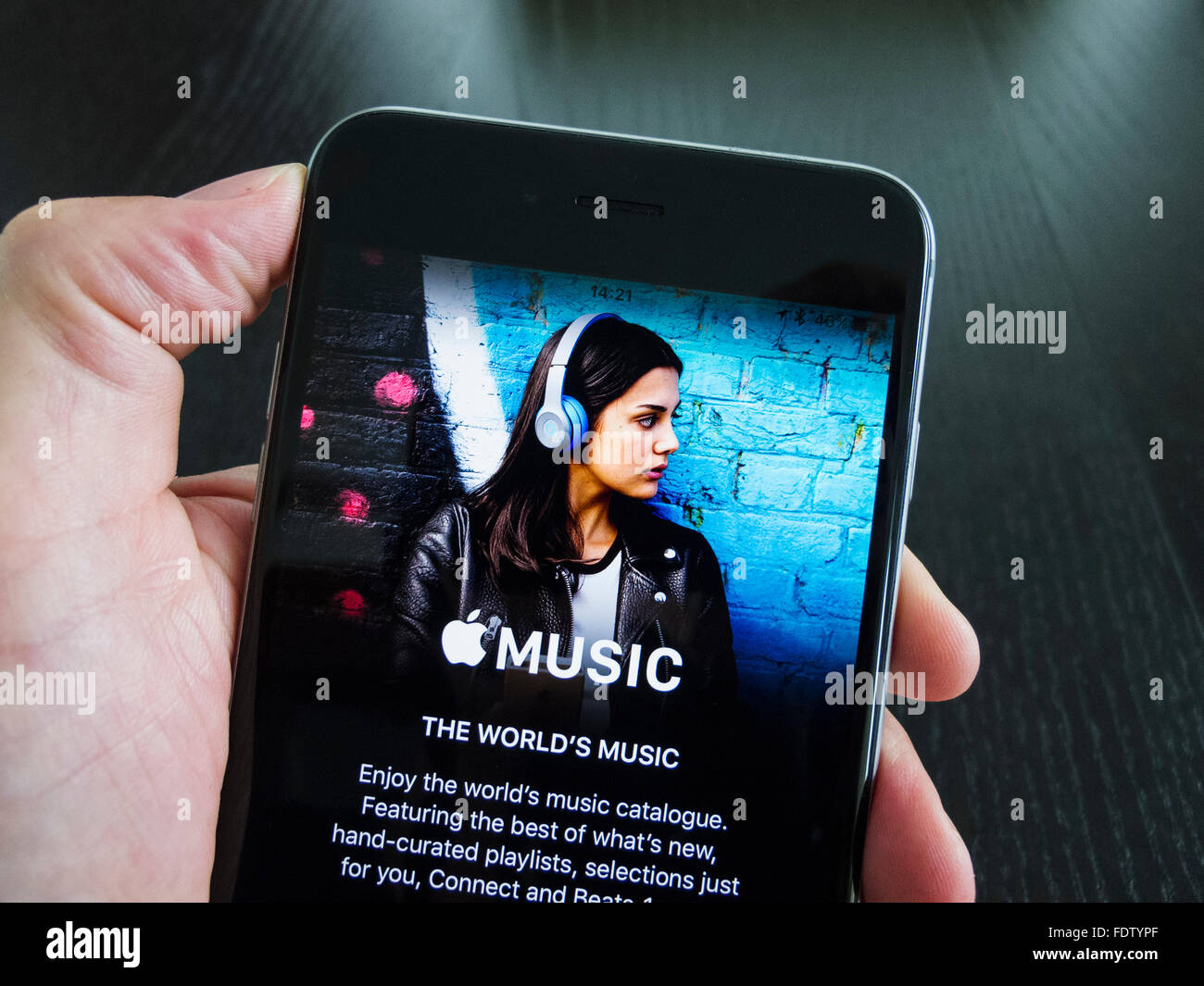 Homepage of Apple Music streaming service on an iPhone 6 Plus smart phone Stock Photo