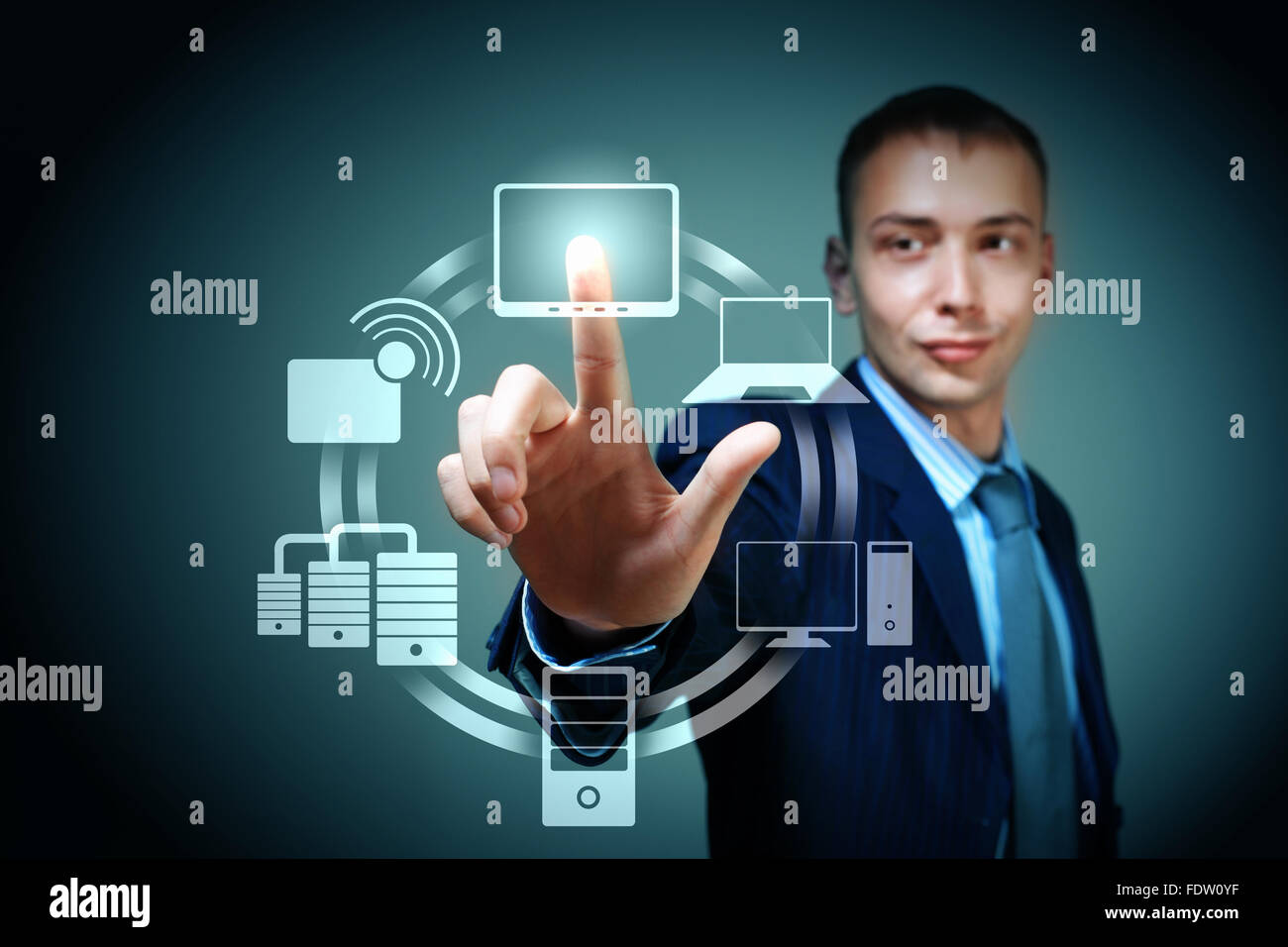 Business person pushing symbols on a touch screen interface Stock Photo ...