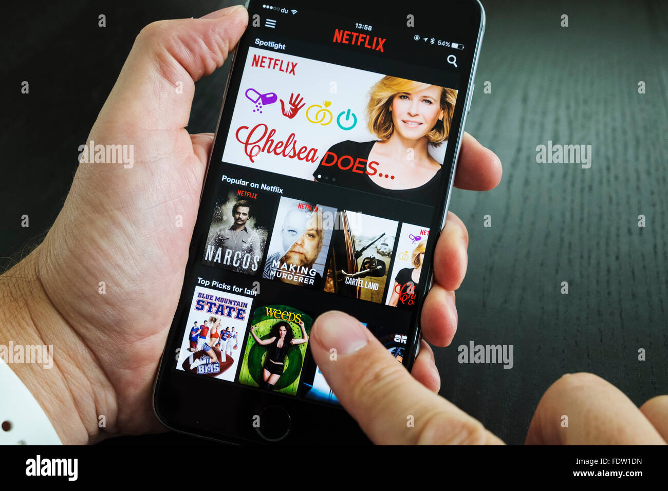 Homepage of Netflix on-demand Movie and TV streaming service app on iPhone 6 plus smart phone Stock Photo
