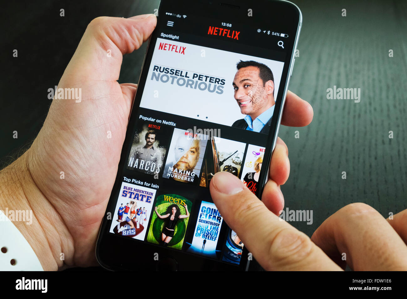 Homepage of Netflix on-demand Movie and TV streaming service app on iPhone 6 plus smart phone Stock Photo