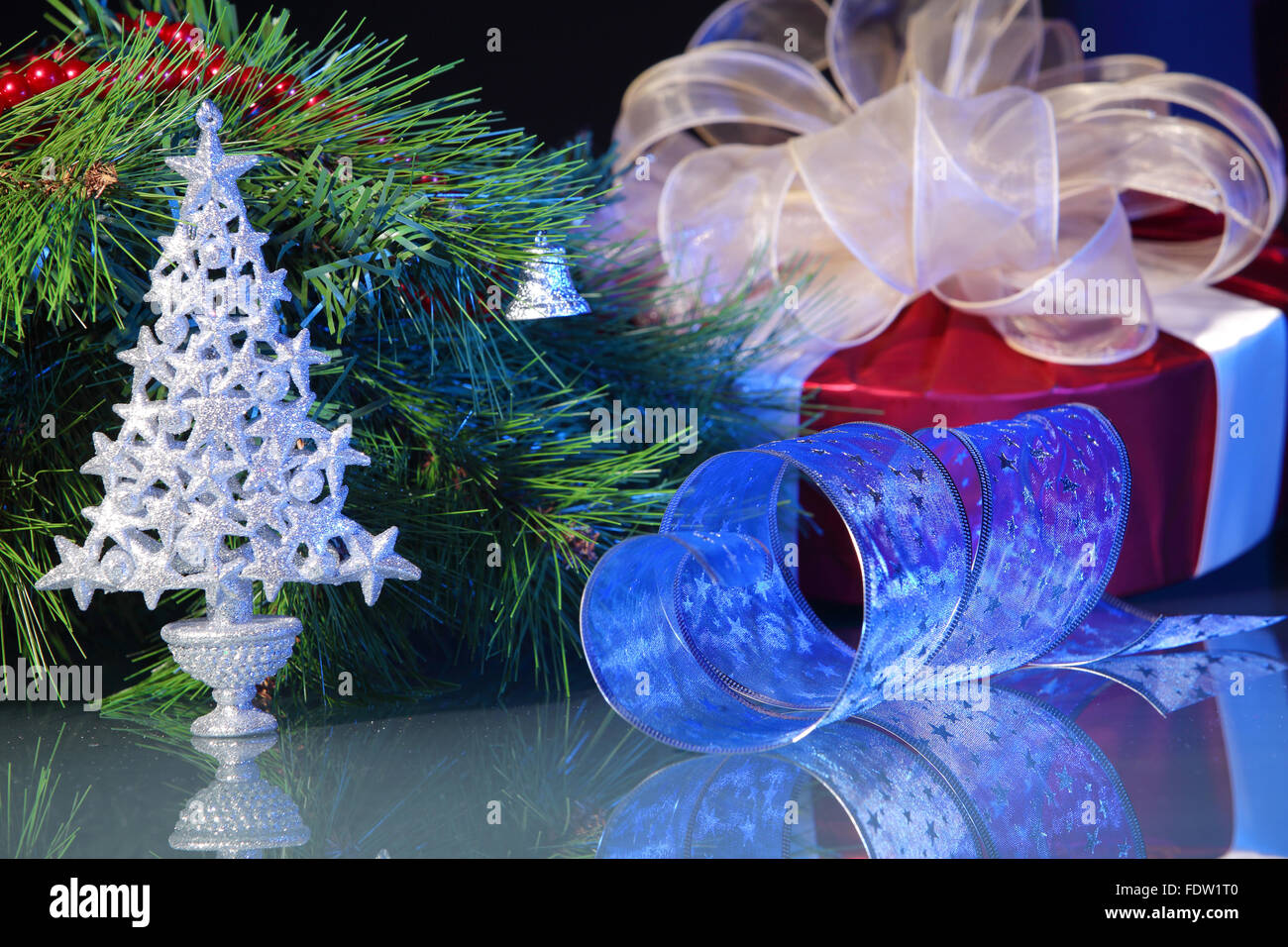 Beautiful Decorated Christmas tree on a darl background Stock Photo Alamy