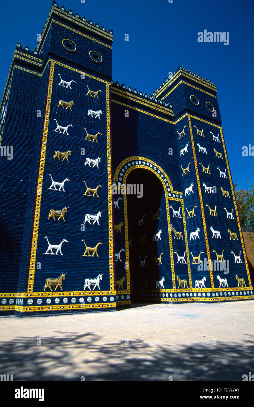 Babylon Iraq Reconstructed Ishtar Gate With Bas-Relief of Mushussu And Aurochs Stock Photo