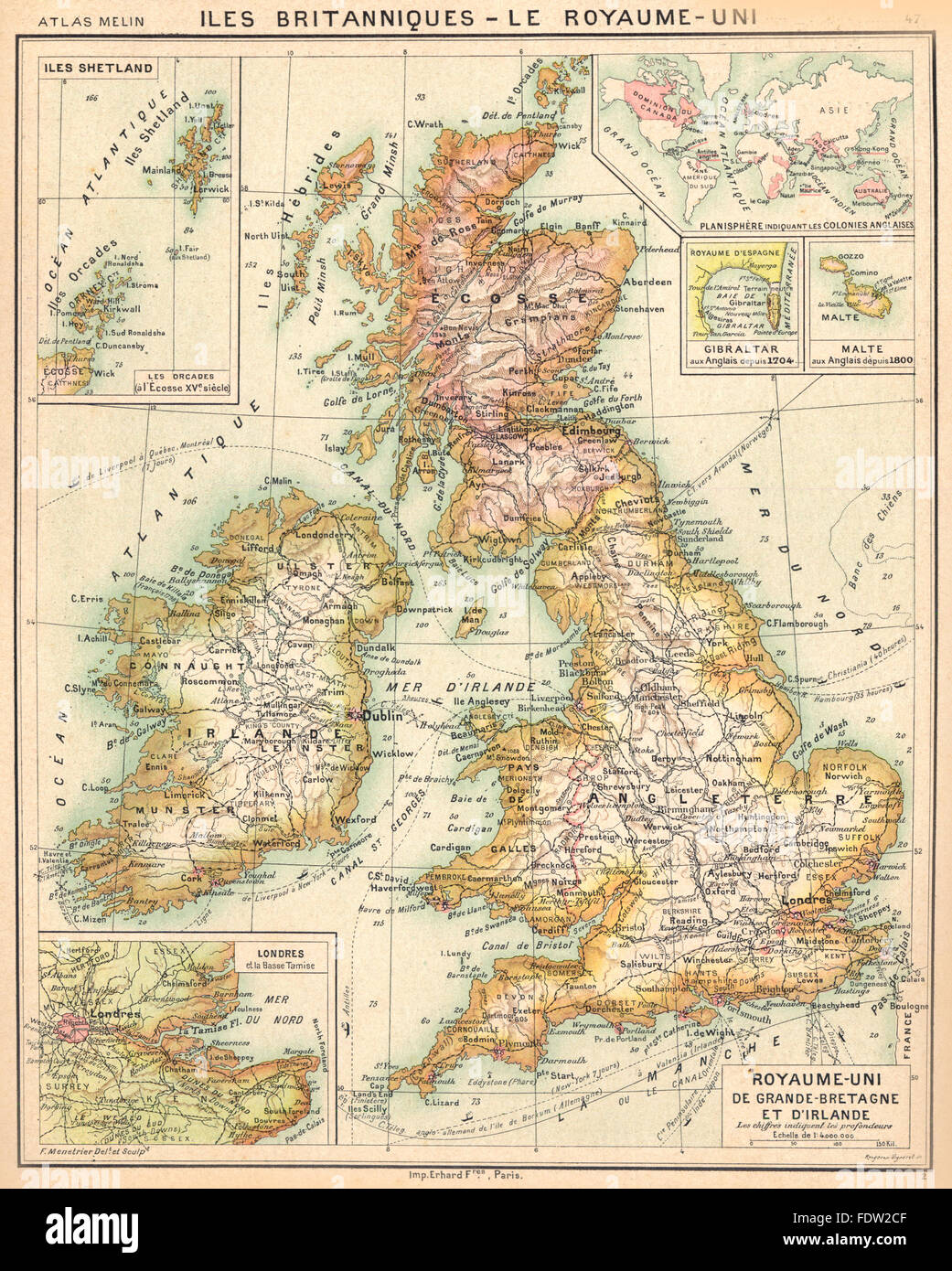 ILES BRITANNIQUES: Grande- Bretagne Irlande; Orcades; Gibraltar;Malte, 1900 map Stock Photo