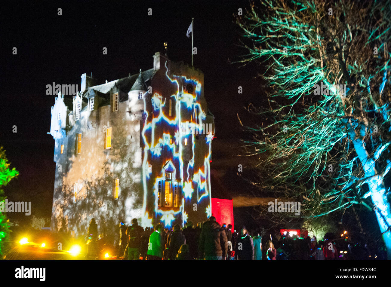Crathes Castle is lit up with projections at the Enchanted Castle event in Aberdeenshire, Scotland on 26th November 2011. Stock Photo