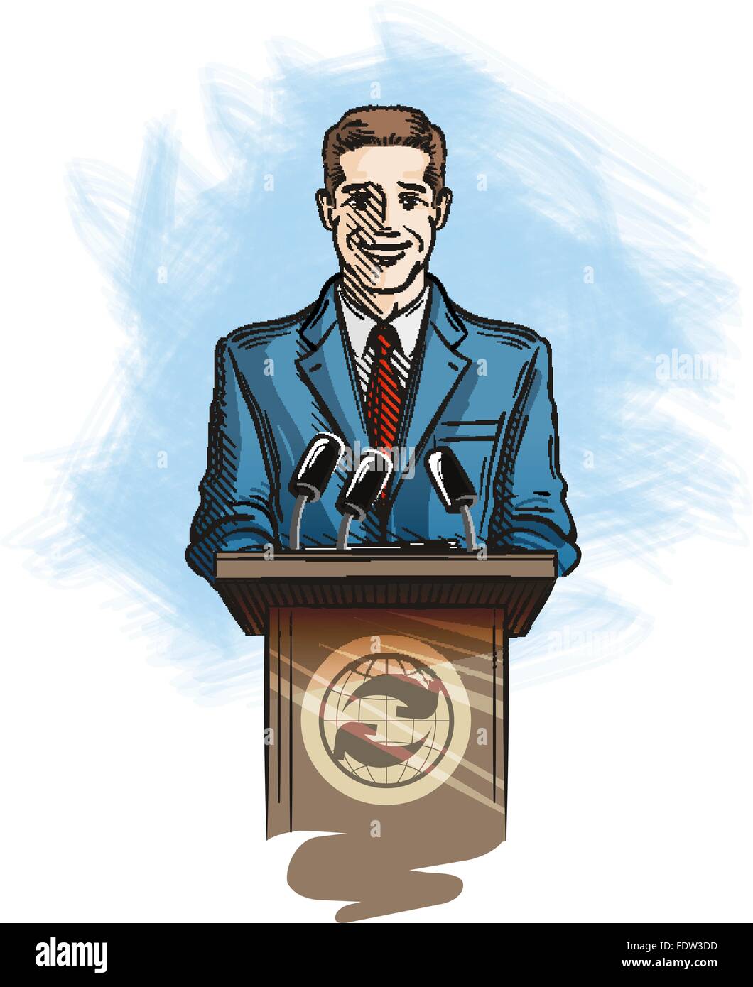 Press and media conference. Spokesperson speaking into microphones to reporters Stock Vector