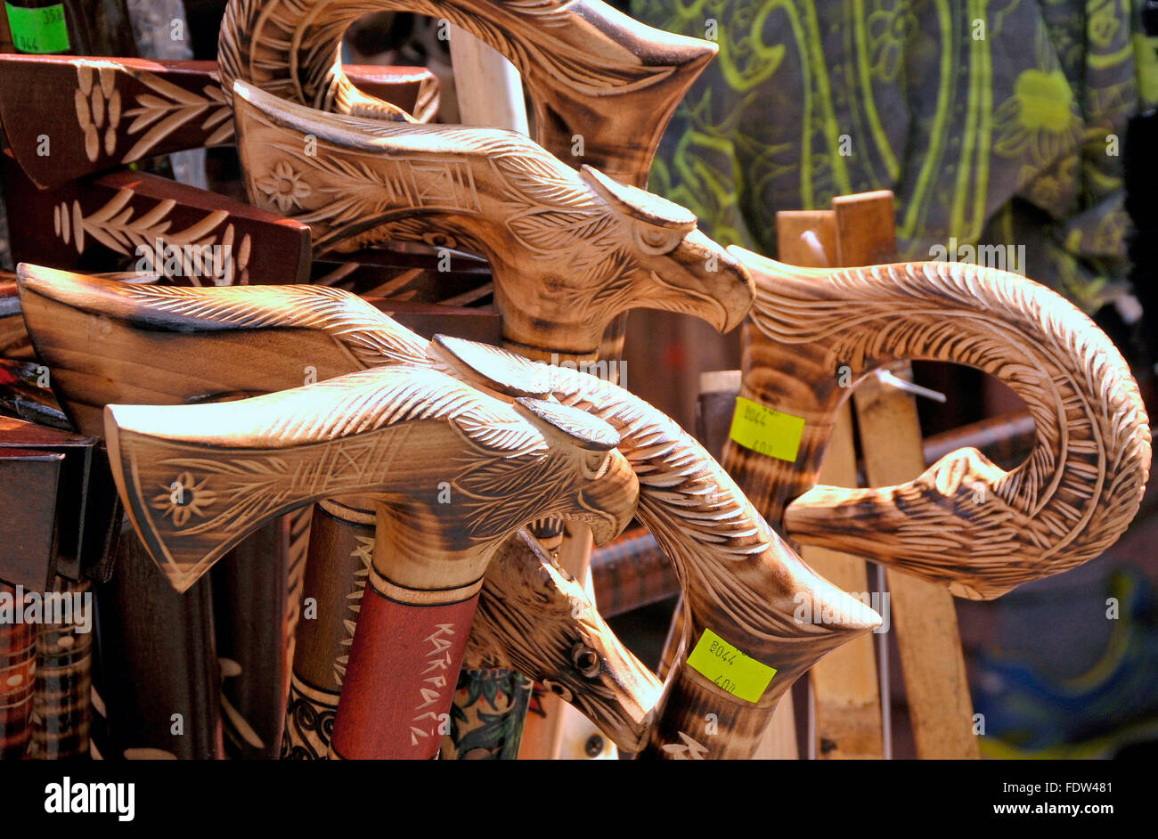 Souvenir stall with wooden handmade walking sticks with eagle shaped handle in Karpacz, Poland Stock Photo