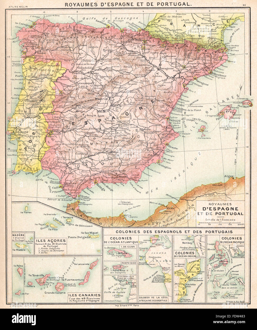 ESPAGNE PORTUGAL: Madère; Açores canaries Cuba Porto-Rico baie Biafra, 1900 map Stock Photo