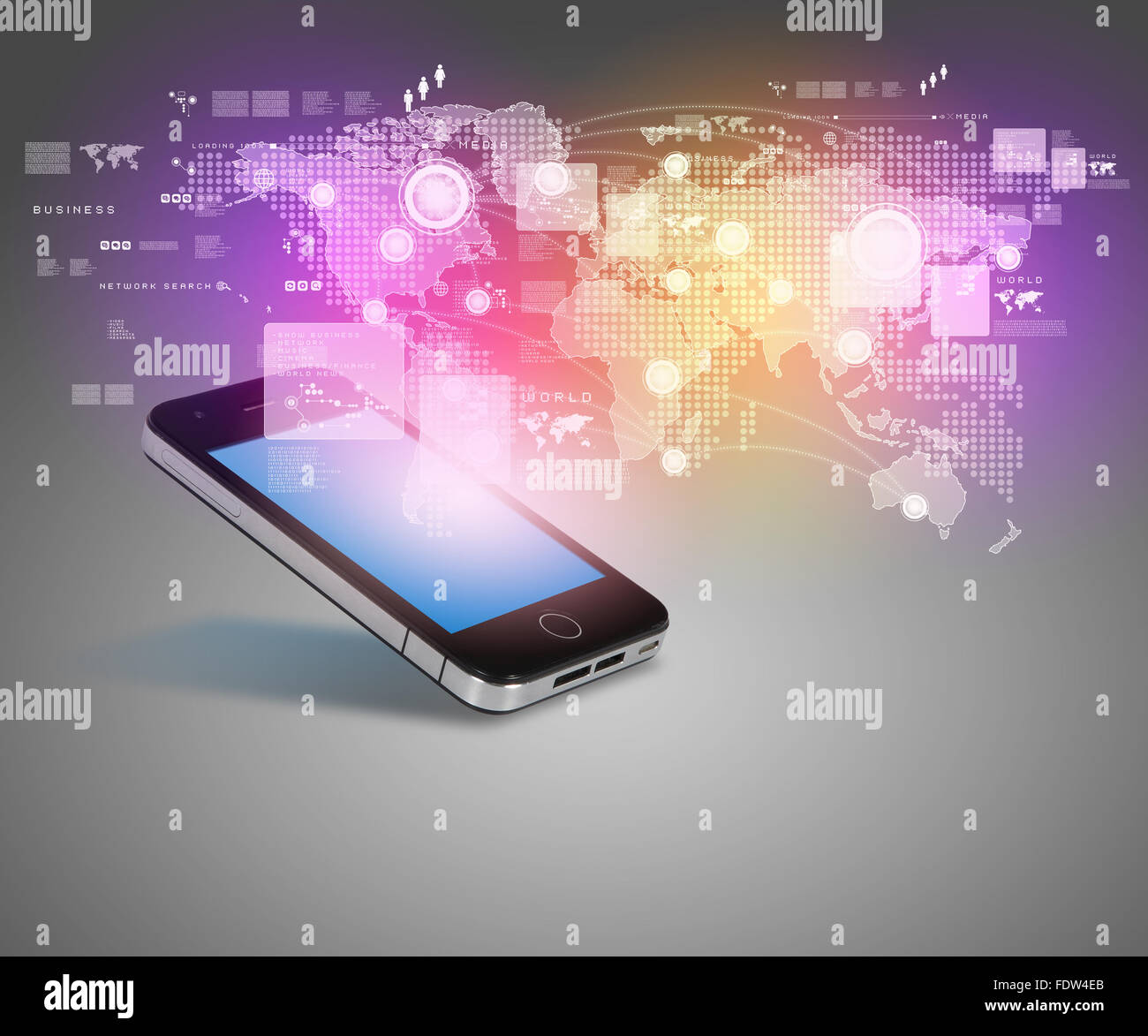 Modern communication technology illustration with mobile phone and high tech background Stock Photo