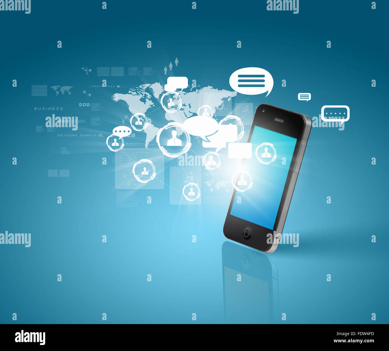 Modern communication technology illustration with mobile phone and high tech background Stock Photo