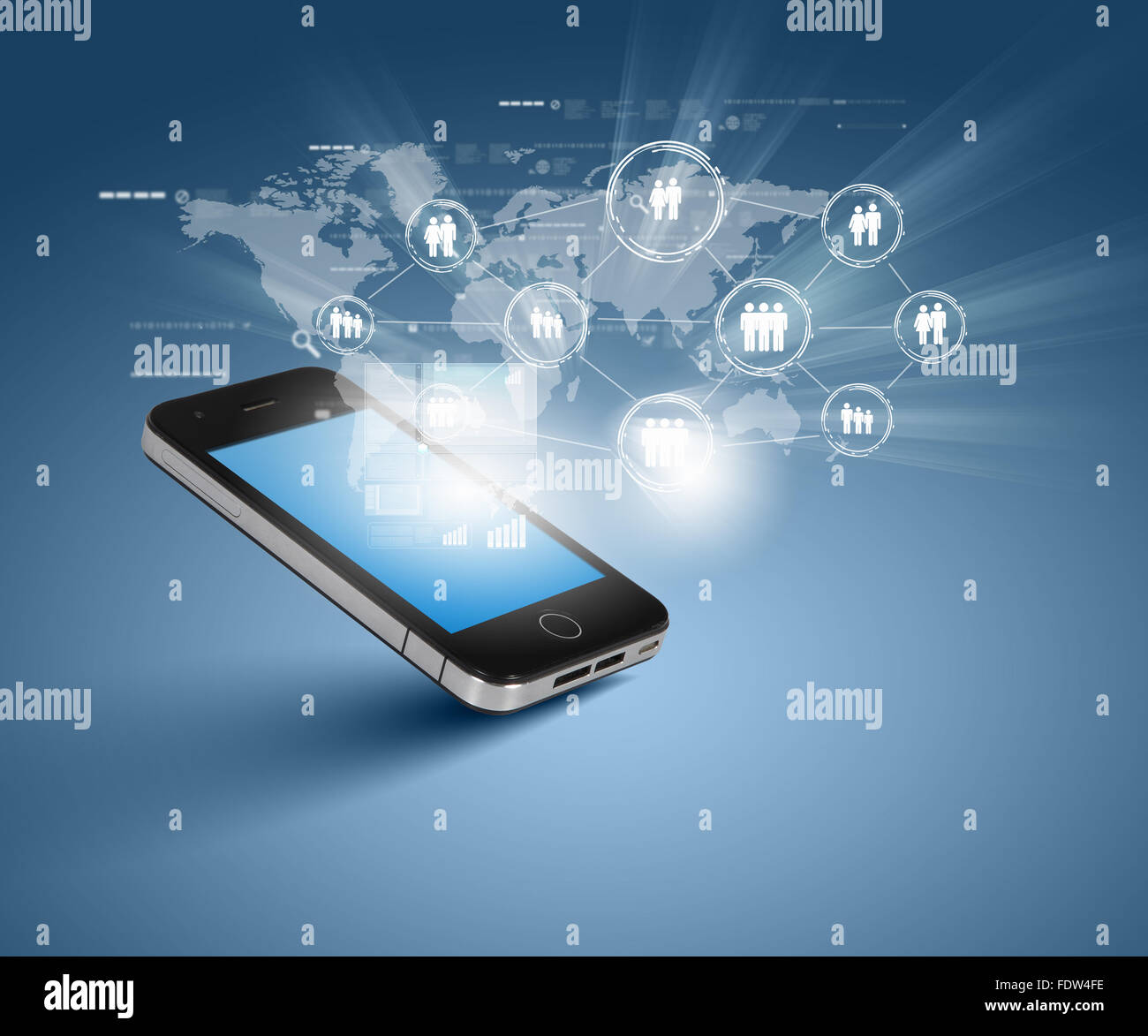 Modern communication technology illustration with mobile phone and high tech background Stock Photo