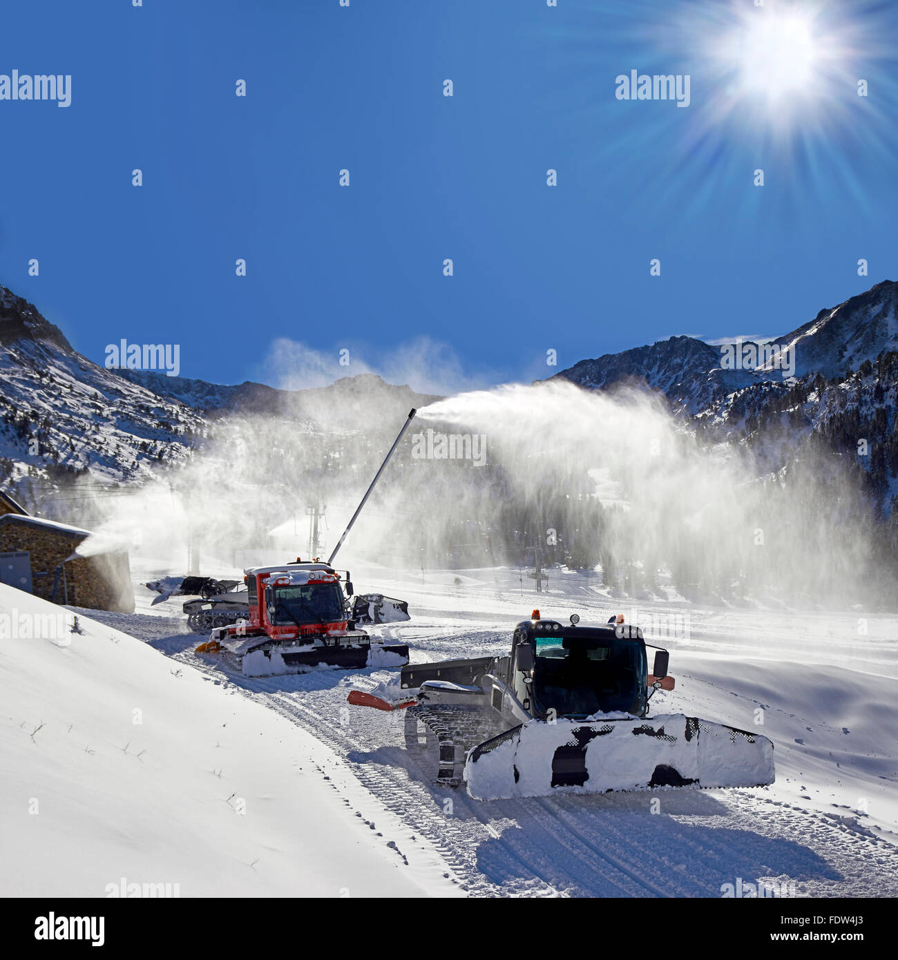 Ratracks vehicles for snow preparation at ski resort in Andorra, Pyrenees, Europe Stock Photo
