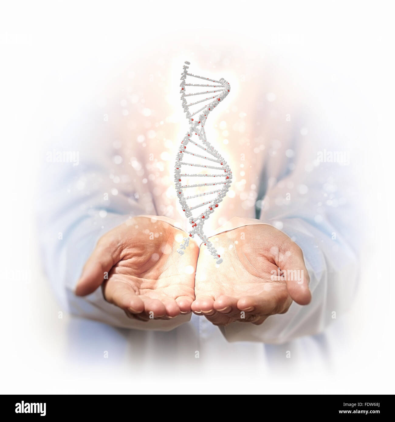 Image of DNA strand against background with human hands Stock Photo