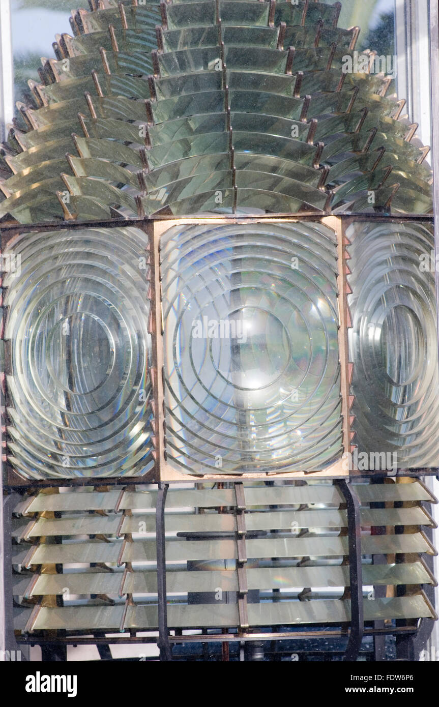 Fresnel lens lenses optics refraction refractive index light bend bending lighthouse bulb bulbs lenses refracting glass optic op Stock Photo