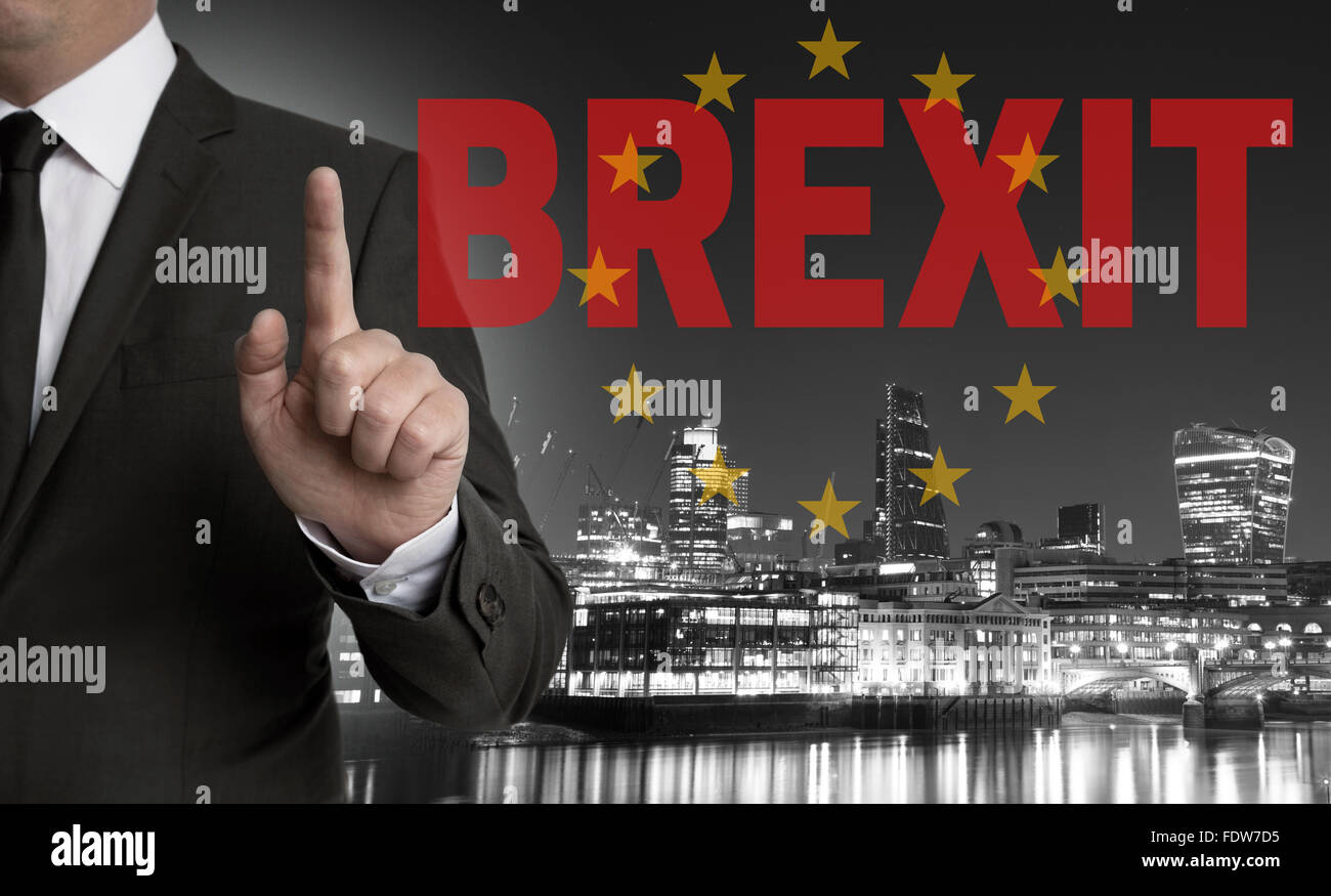 Brexit on United Kingdom membership of the European Union London skyline concept with businessman. Stock Photo