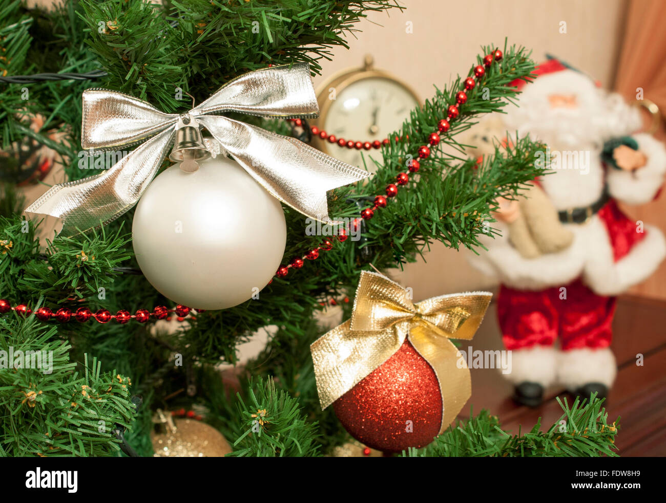 Merry Christmas and Happy New Year. Christmas Tree, Santa, decoration. Stock Photo