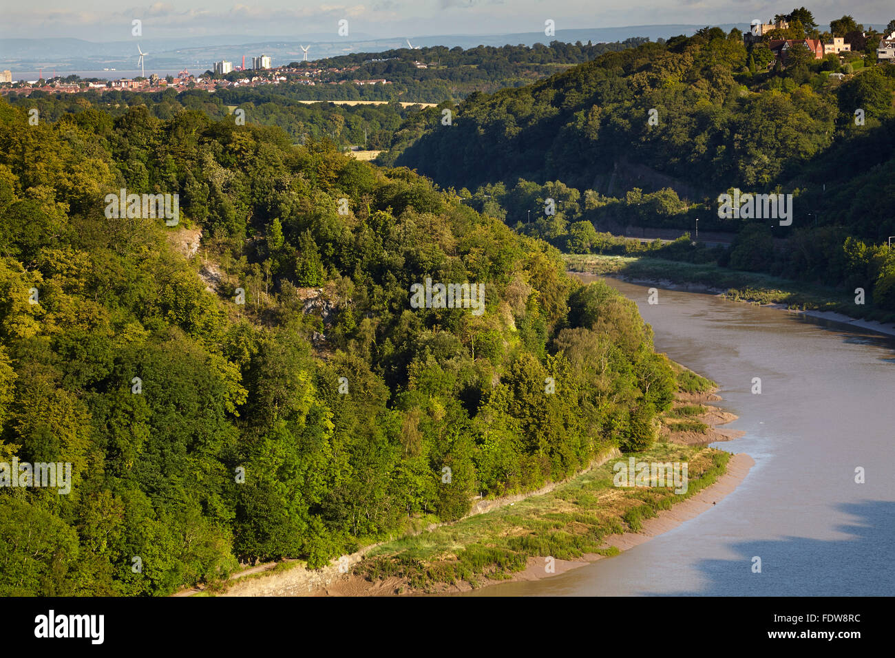 The River Avon flowing through the Avon Gorge towards Avonmouth in the distance, Bristol, Great Britain. Stock Photo