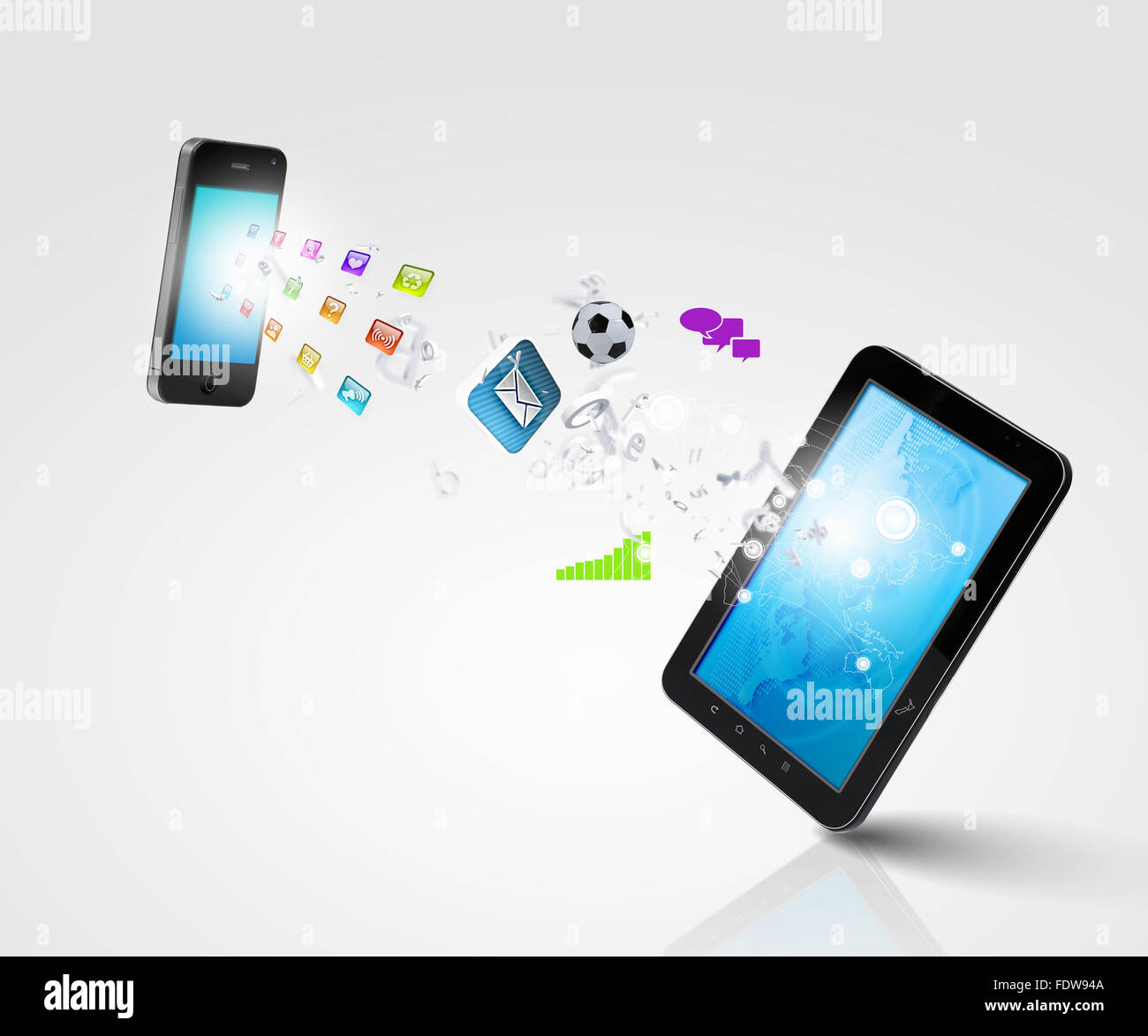 Modern communication technology illustration with mobile phone and high tech background Stock Photo
