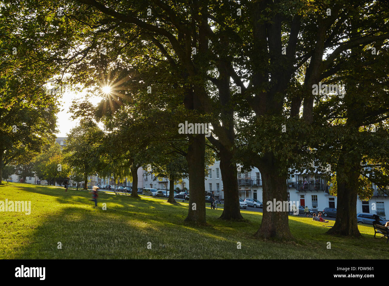Early morning sunlight in a park in Clifton, Bristol, Great Britain. Stock Photo
