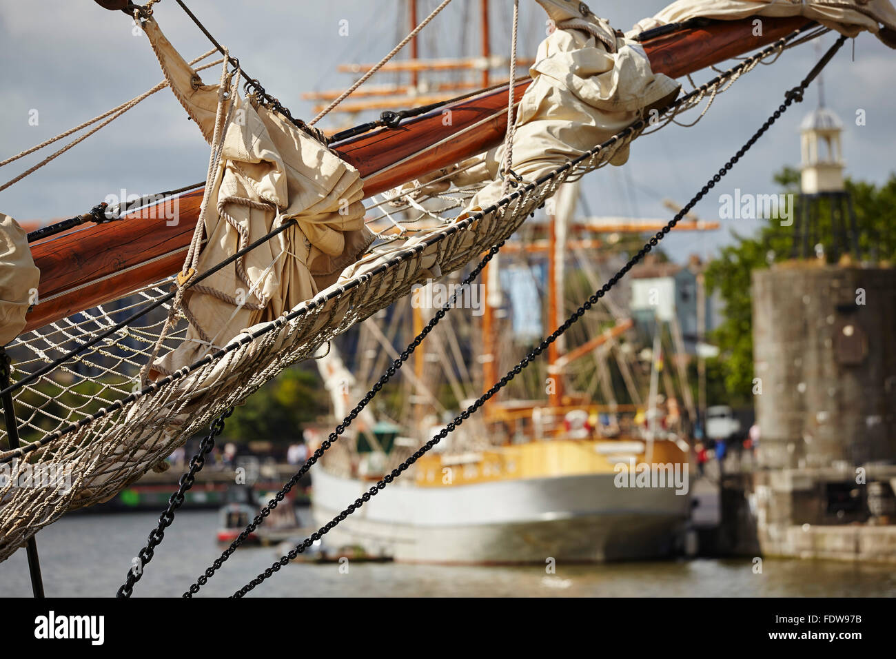 Looking across the bowsprit of 'Irene' an old sailing trading ketch in The Docks, Bristol, Great Britain. Stock Photo