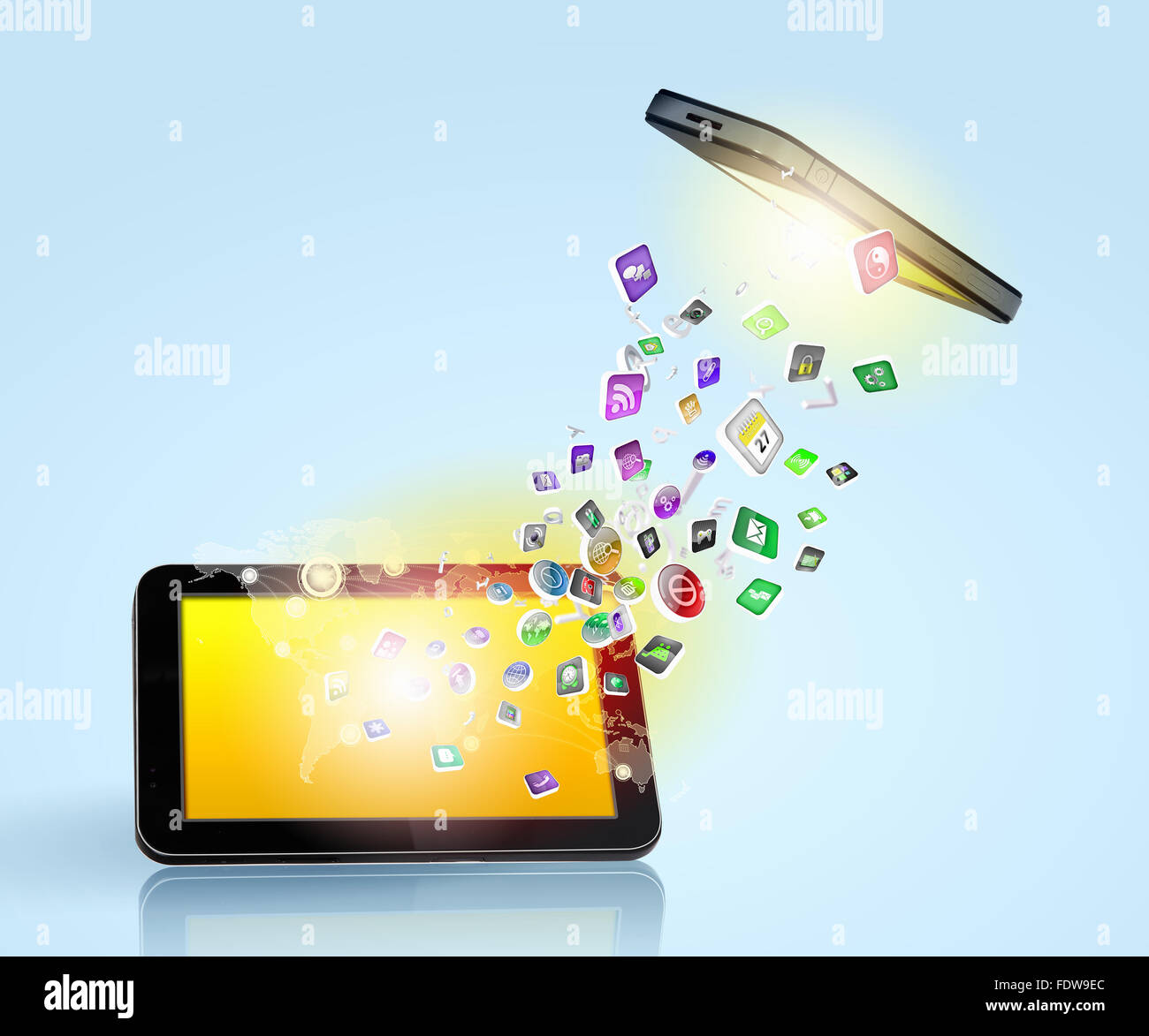 Modern communication technology illustration with mobile phone and high tech background Stock Photo