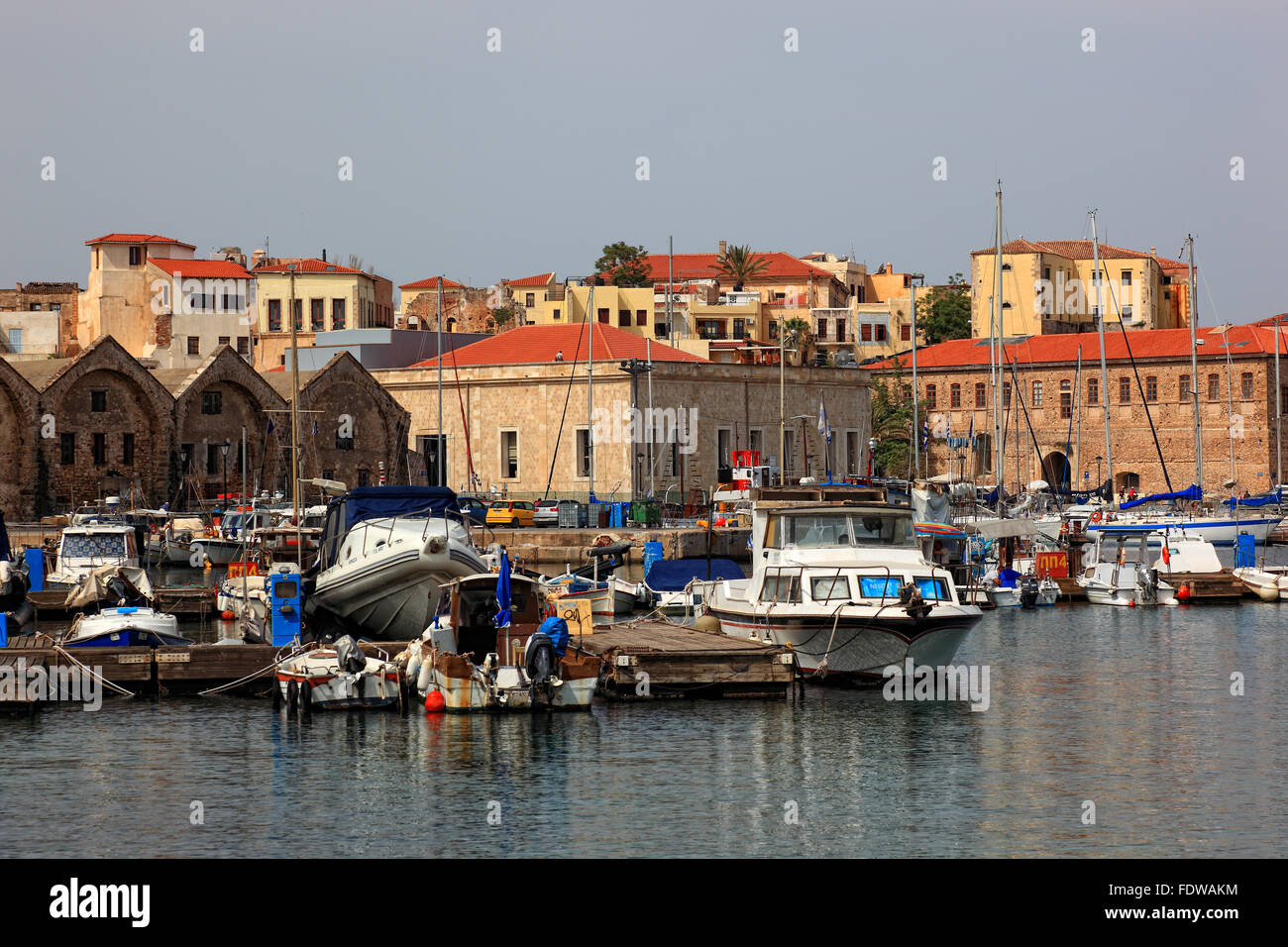 Crete, port Chania, Old Town, boats in the Venetian harbour Stock Photo