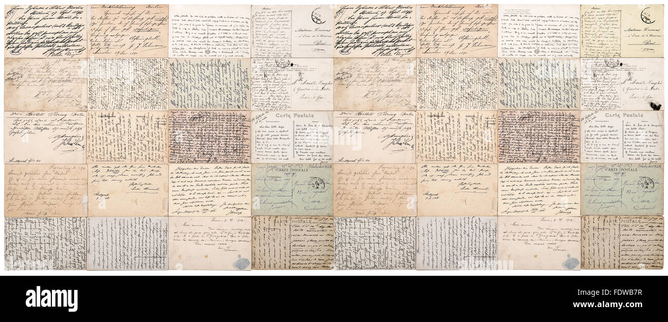 Antique postcard. Old handwritten undefined texts. Grunge vintage papers background banner Stock Photo