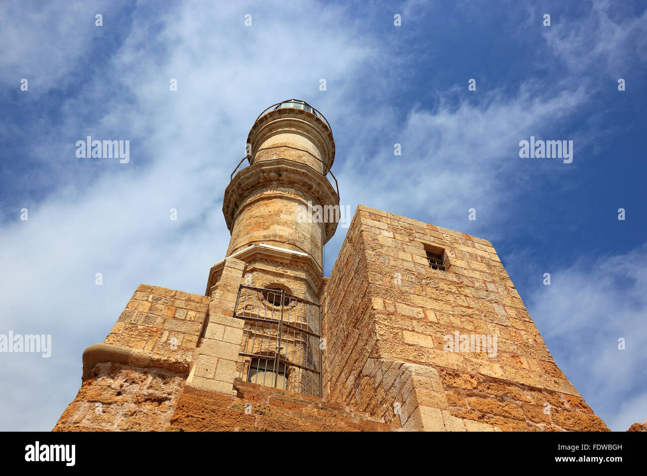 Crete, port Chania, Venetian lighthouse in the harbour Stock Photo