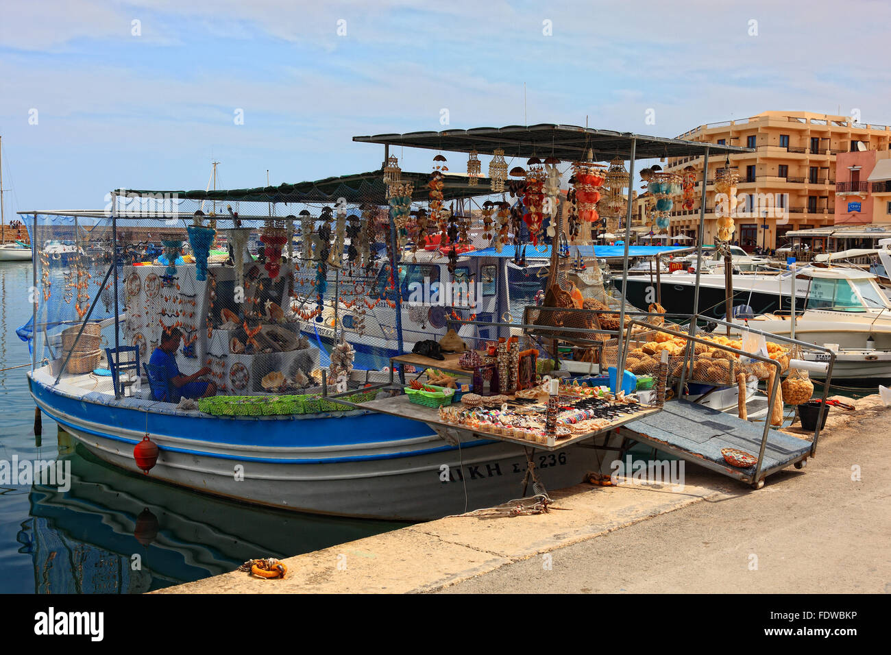 Crete, port Chania, boat with souvenirs in the harbour Stock Photo