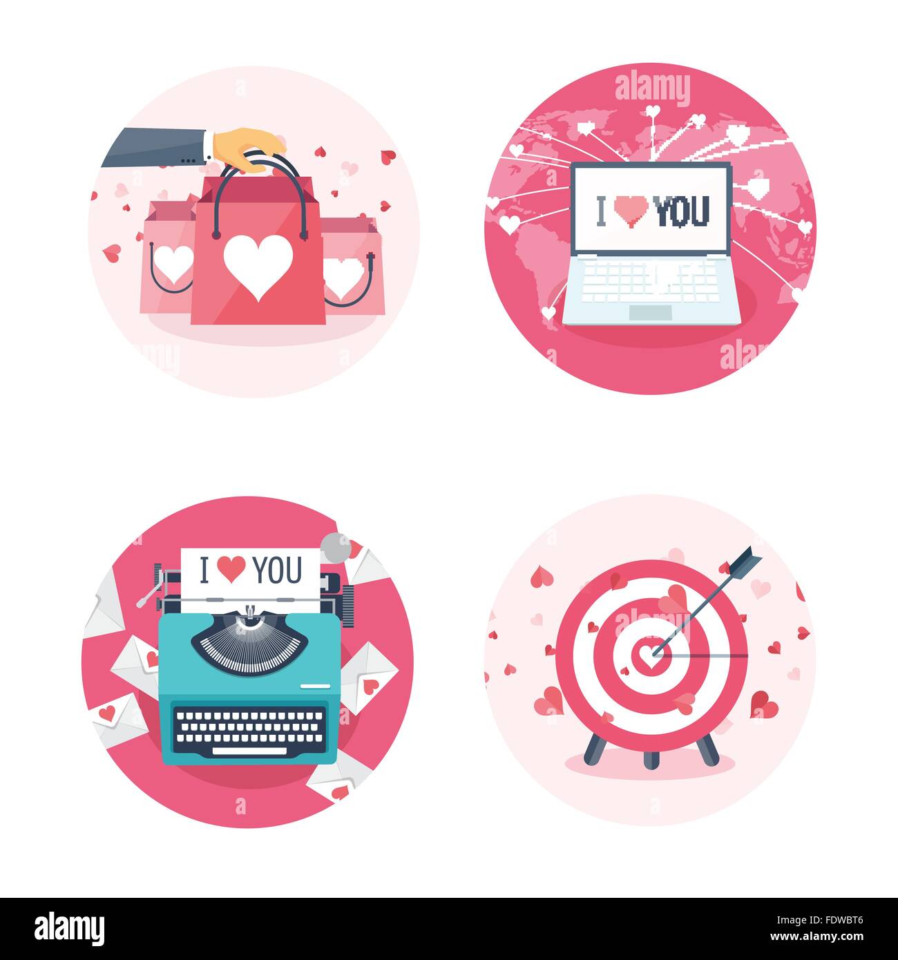 Vector illustration. Flat background with shopping bags, target, laptop