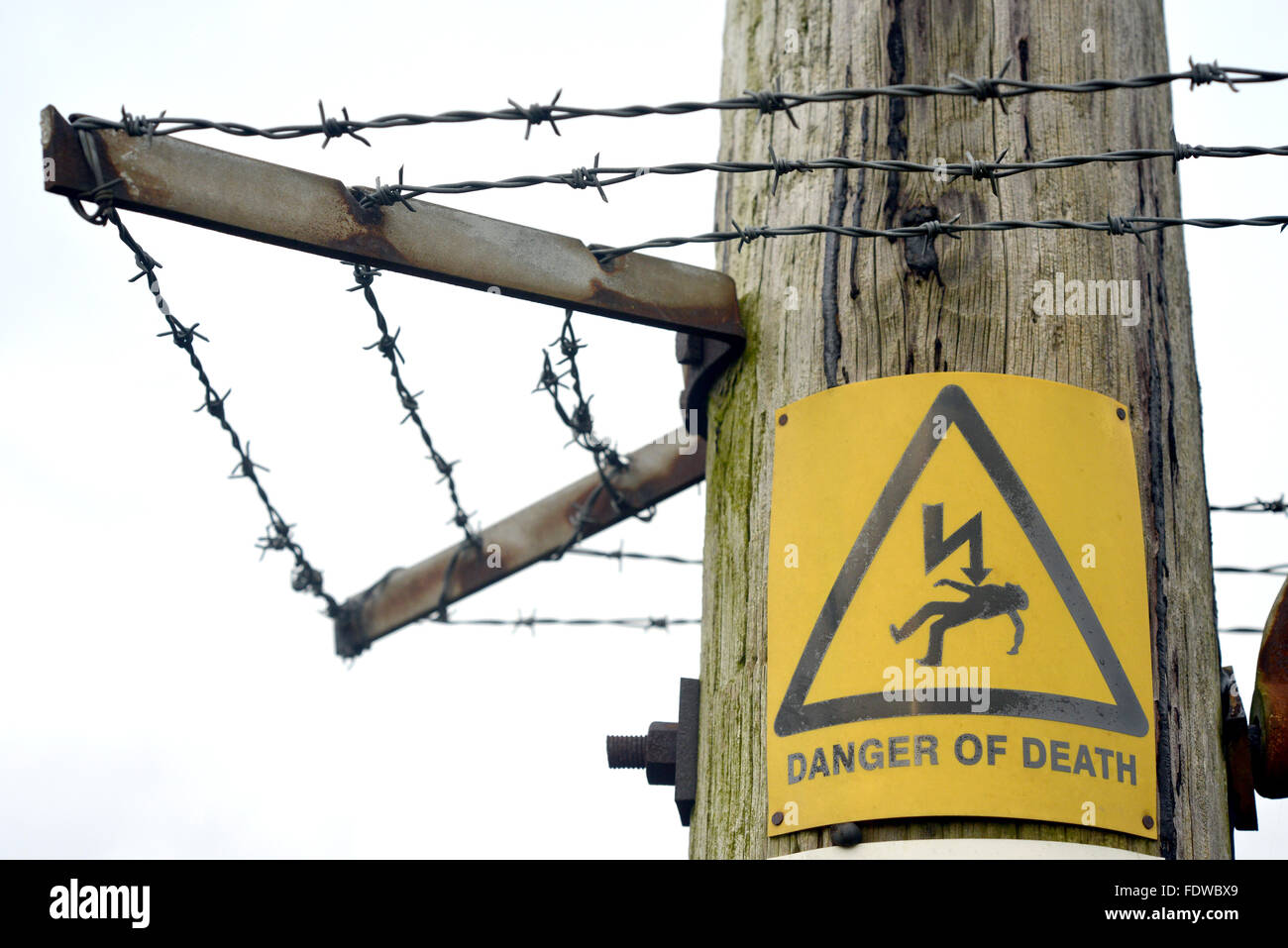 Danger of death sign on electricity pole Stock Photo