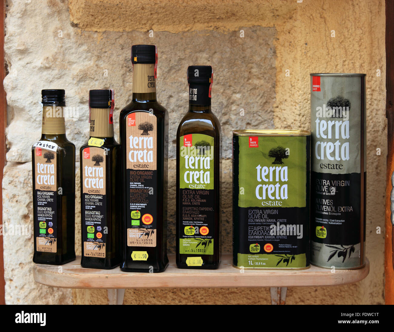 Crete, in the Old Town of Chania, business with products typical for country, olive oil Stock Photo