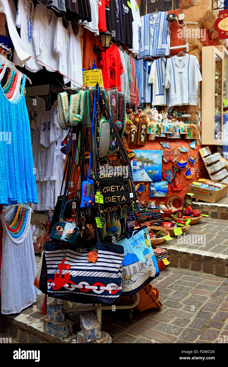 Crete, in the Old Town of Chania, business with clothing and souvenirs Stock Photo
